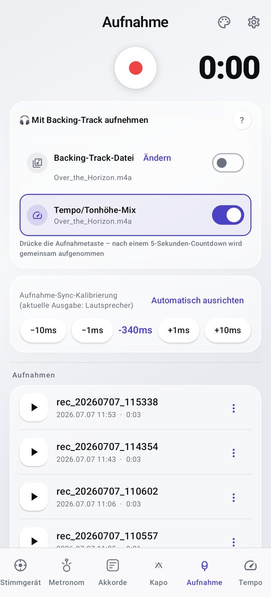 PluckUp Aufnahme mit Backing-Track und Tempo-/Tonhöhen-Mix
