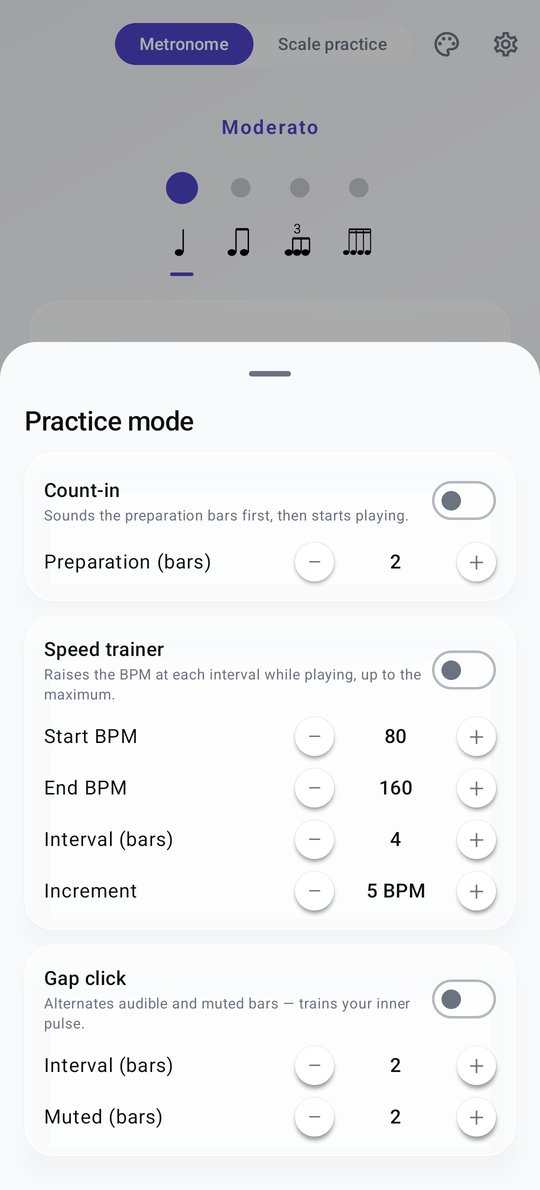 PluckUp metronome practice modes screen