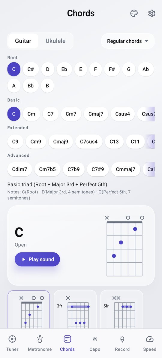 PluckUp guitar chord dictionary screen