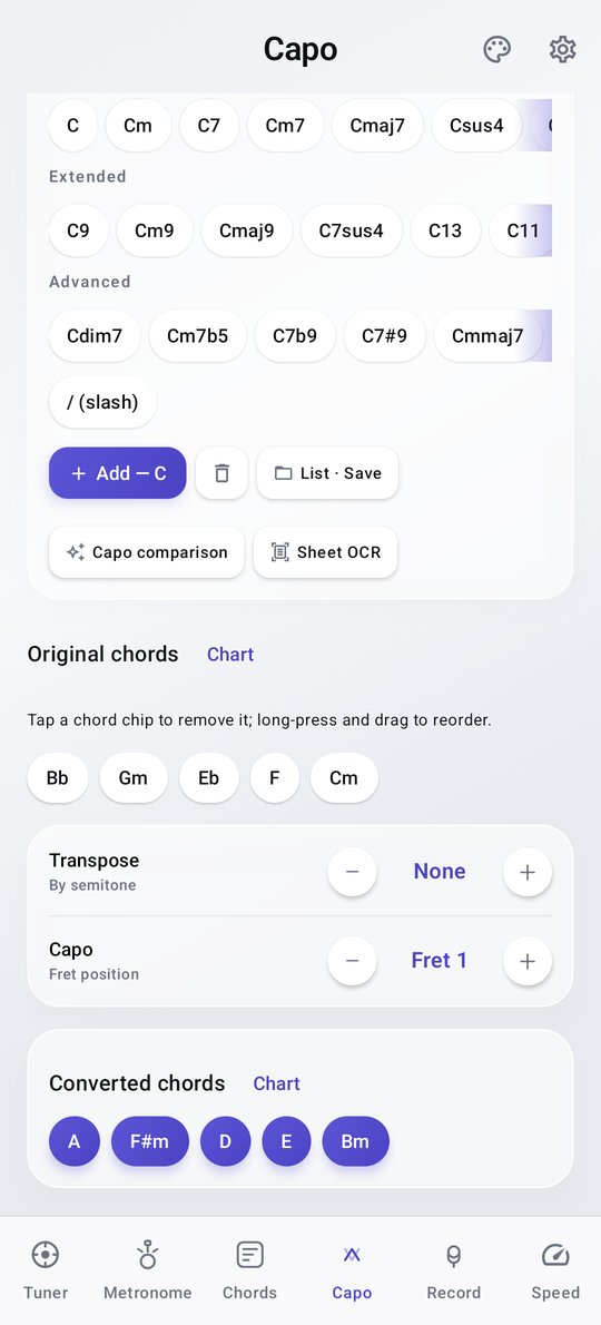 PluckUp transpose and capo screen