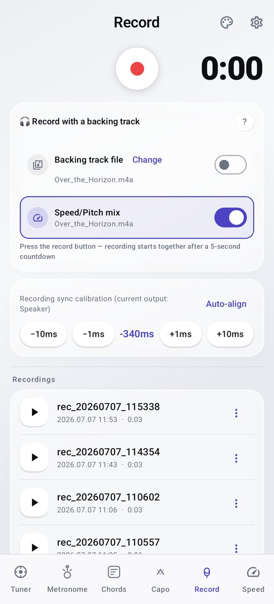 PluckUp record-along with backing track and speed/pitch mix screen
