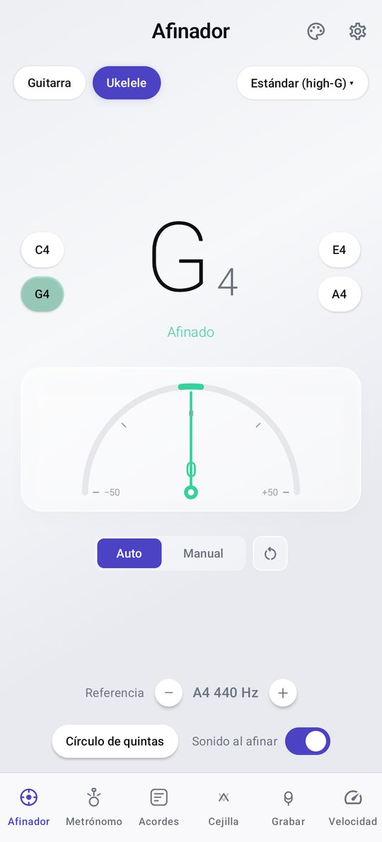 Pantalla del afinador de ukelele de PluckUp