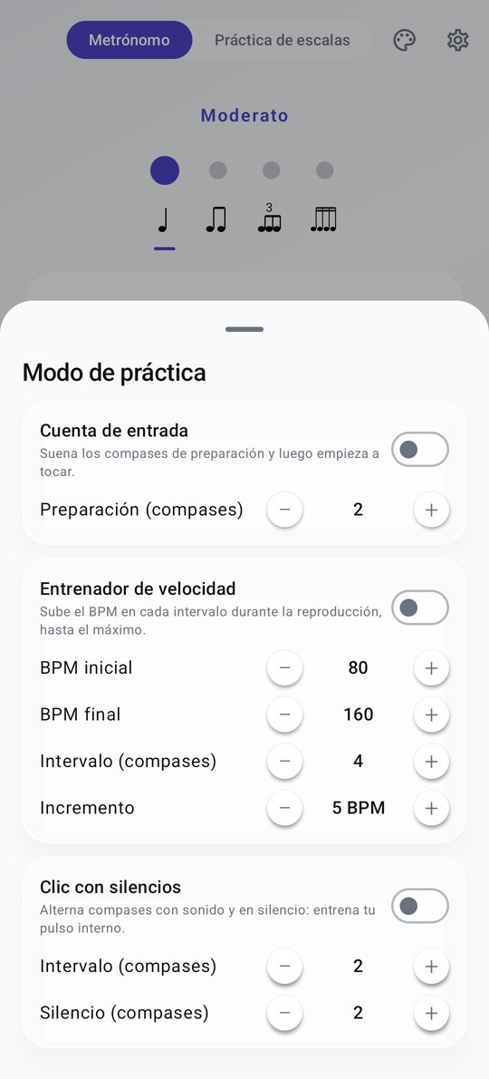 Pantalla del modo de práctica del metrónomo de PluckUp