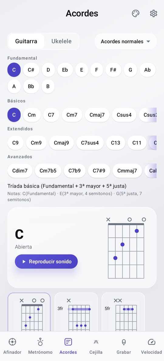 Pantalla del diccionario de acordes de guitarra de PluckUp