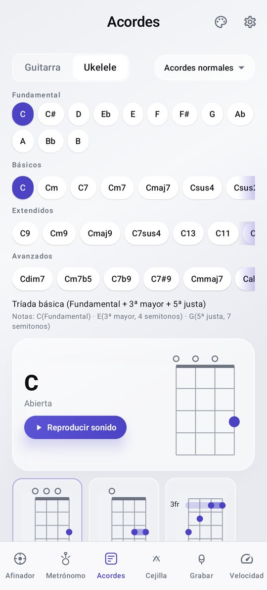 Pantalla del diccionario de acordes de ukelele de PluckUp