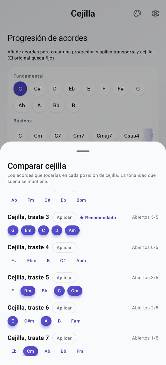Pantalla de transposición y cejilla de PluckUp