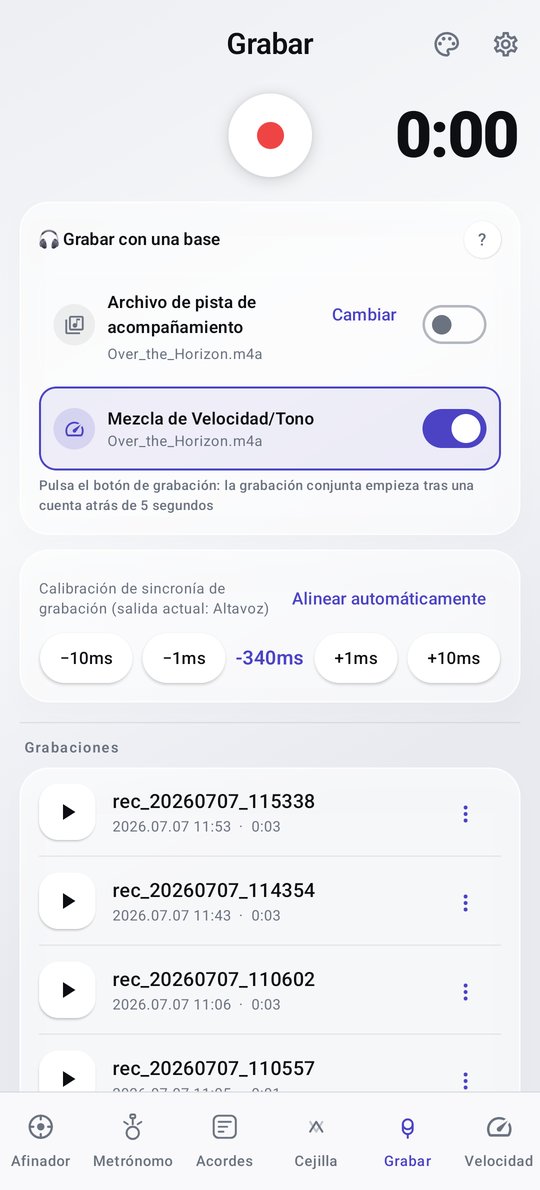 Pantalla de grabación con base y mezcla de velocidad/tono de PluckUp
