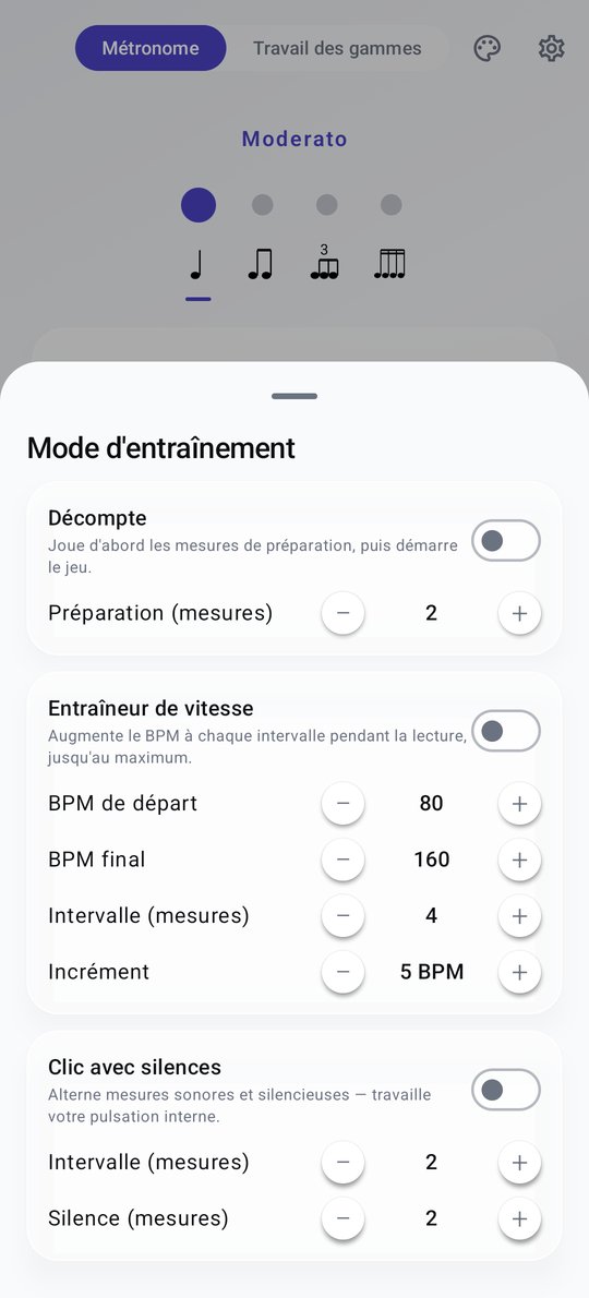 Modes d'entraînement du métronome PluckUp