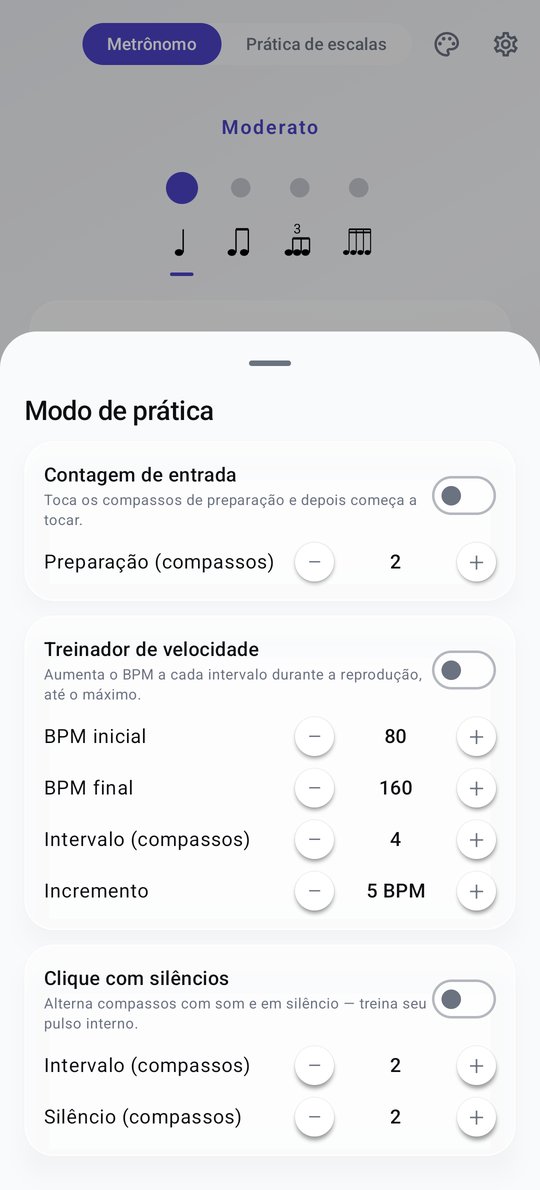 Tela do modo de prática do metrônomo do PluckUp